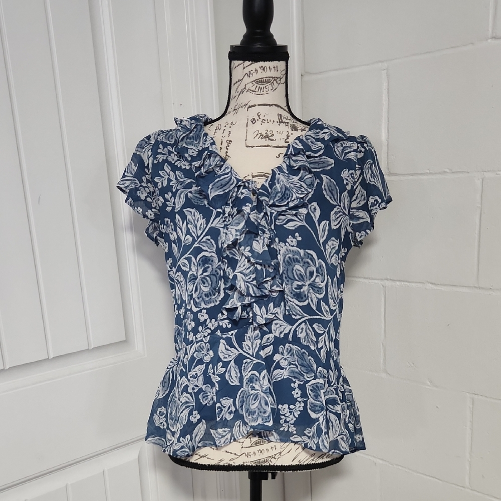 CeCe Blue and White Floral Ruffle Blouse